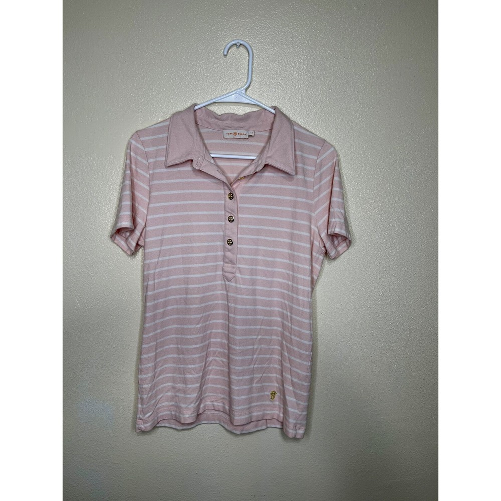 TORY BURCH Women’s Pink and White Striped Polo Shirt Gold Accent Buttons Size L